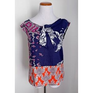 Odille Anthropologie Floral Navy & Orange Cap Sleeve Top, 100% Cotton, Size 4